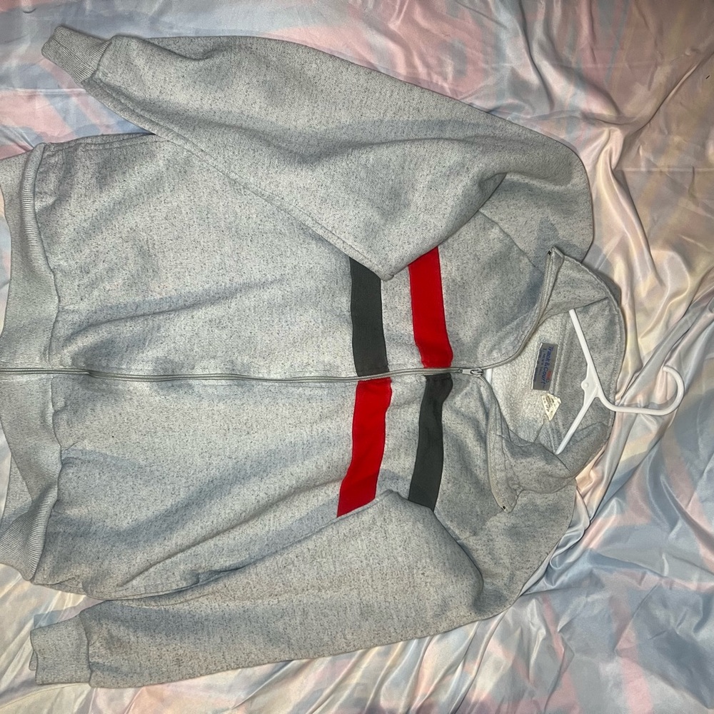 Track and Court Light Gray Zip Up Sweater with Red and Dark Gray Stripe Detail